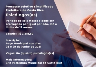 Você está visualizando atualmente Processo Seletivo Simplificado: Prefeitura de Costa Rica contrata 4 psicólogos