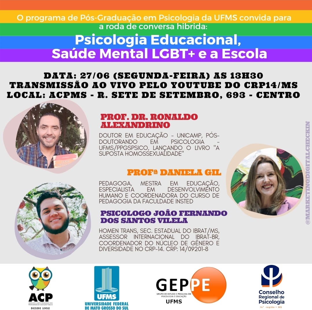 Leia mais sobre o artigo Psicologia, educação e LGBTQIA+ é tema de encontro na próxima segunda-feira
